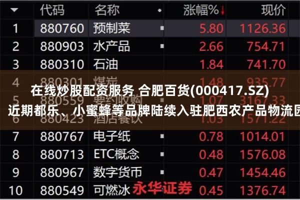 在线炒股配资服务 合肥百货(000417.SZ)：近期都乐、小蜜蜂等品牌陆续入驻肥西农产品物流园